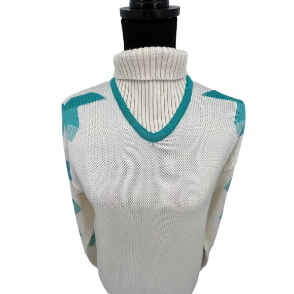 Vintage Meister Wool Blend White Turtleneck Sweater Aqua Geometric‎ Pattern Lg - Picture 4 of 11